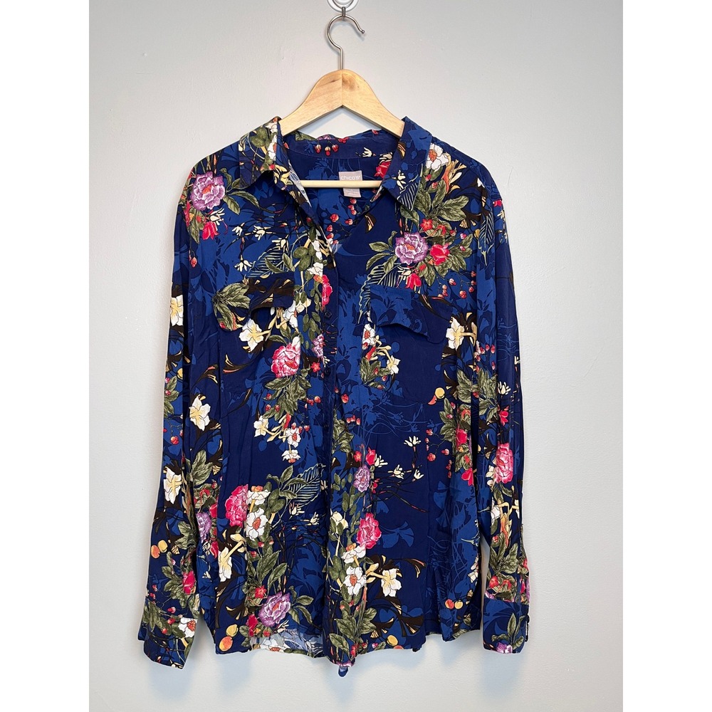 Chicos Blue Floral Button Down Shirt Long Sleeve Modal Rayon Top Size 4 XL 20 22